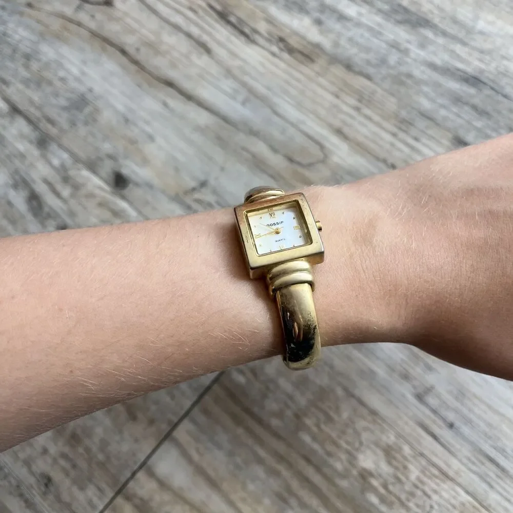 Gossip Vintage Watch Gold White Face Hinge Cuff Square Antique